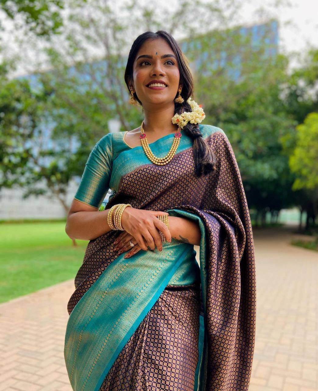Teal Blue Traditional Kanchipuram Silk Saree with Designer Woven Blouse