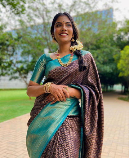 Teal Blue Traditional Kanchipuram Silk Saree with Designer Woven Blouse