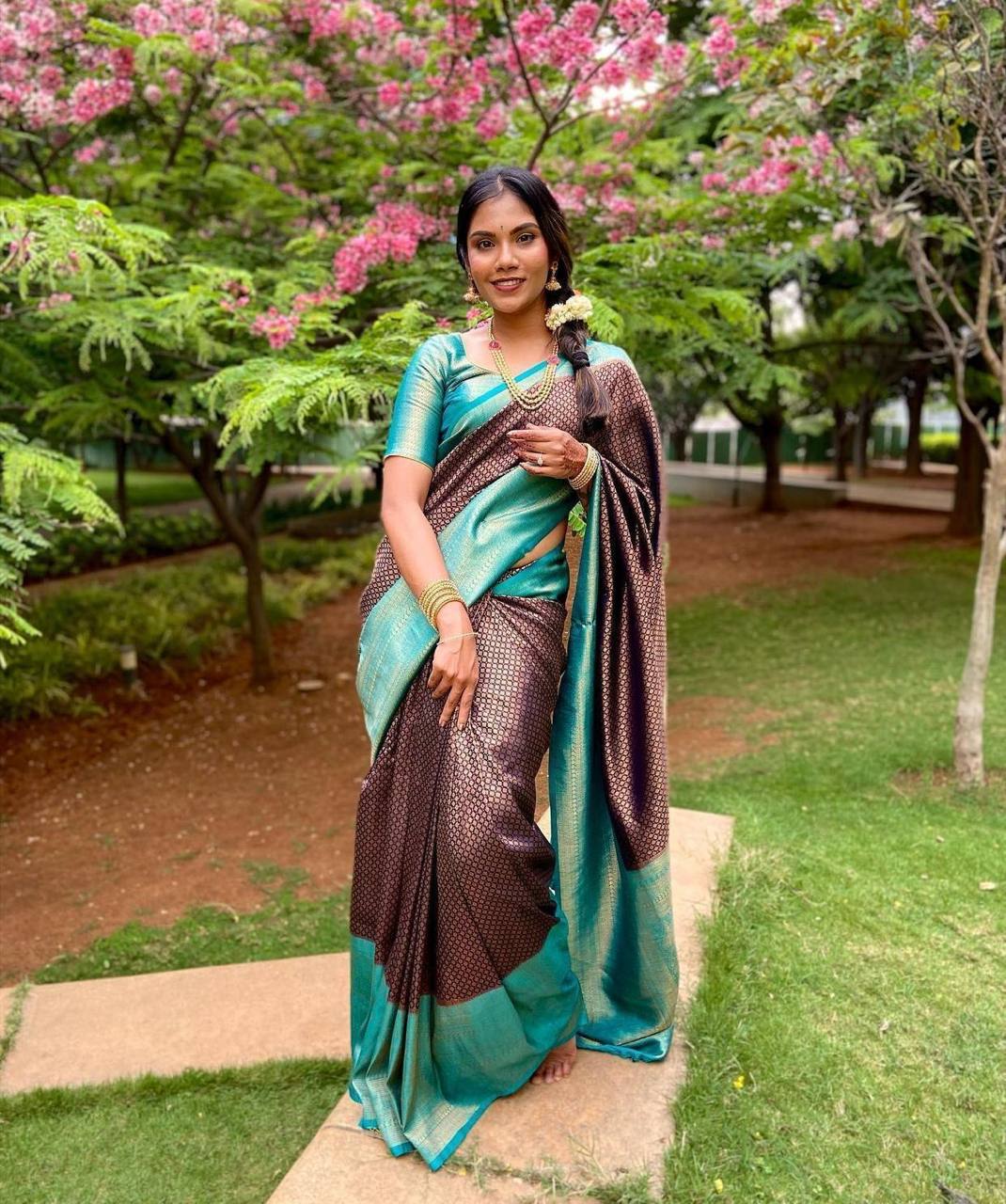 Teal Blue Traditional Kanchipuram Silk Saree with Designer Woven Blouse