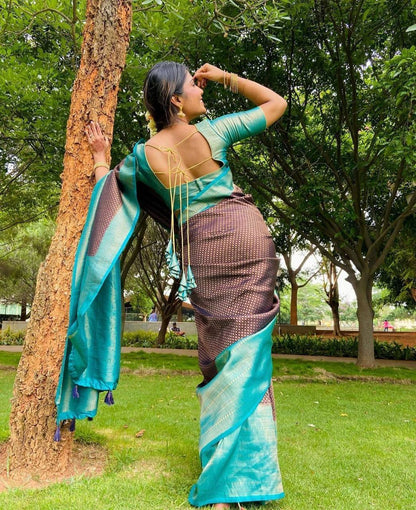 Teal Blue Traditional Kanchipuram Silk Saree with Designer Woven Blouse