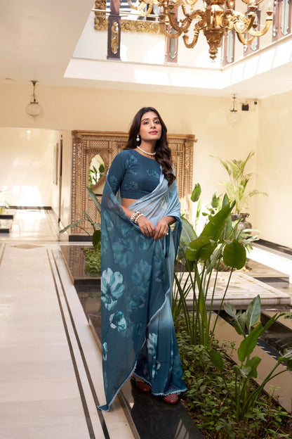 Teal Blue Weightless Marble Printed Saree with Floral Design Lace Border