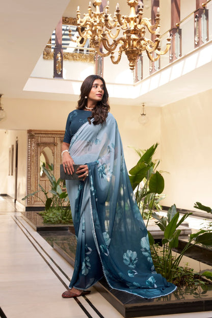 Teal Blue Weightless Marble Printed Saree with Floral Design Lace Border