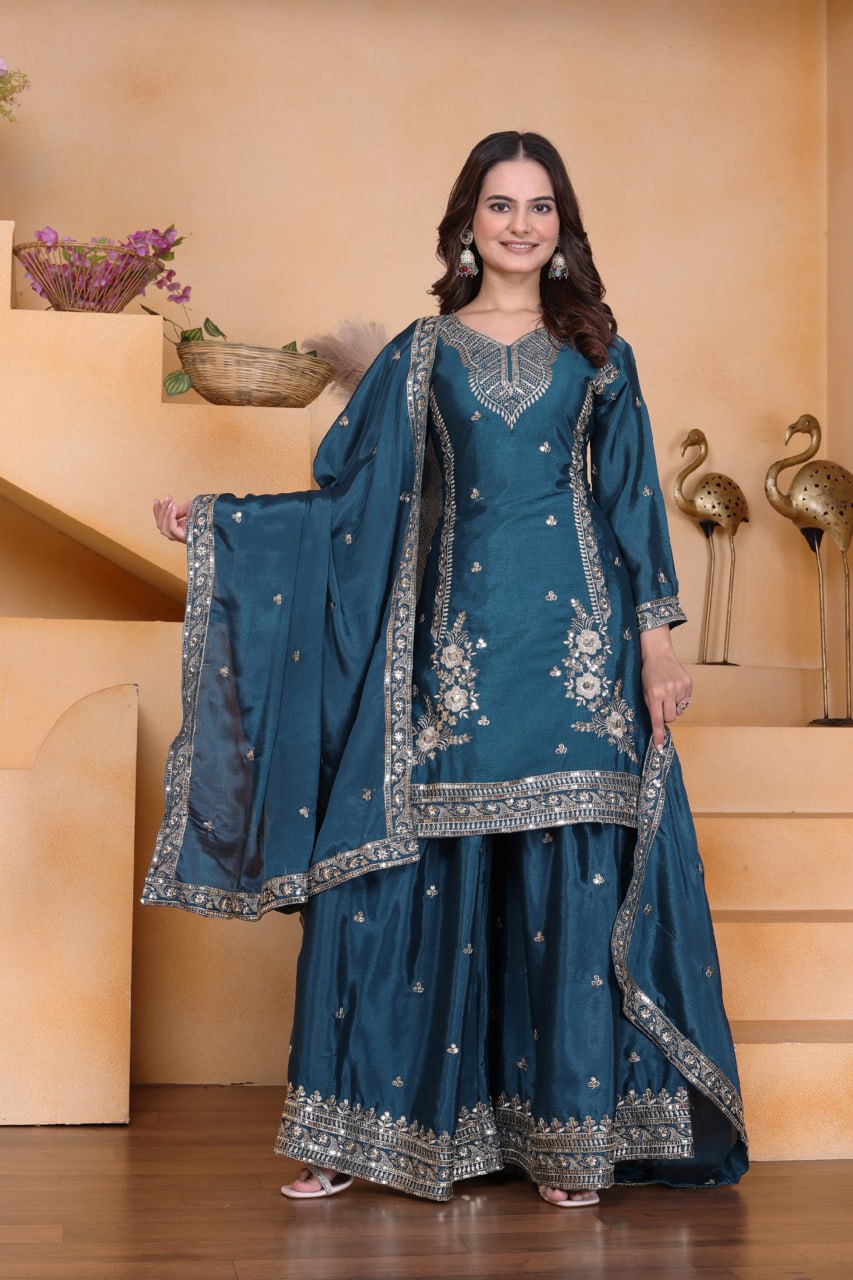 Teal Bule Chinon Sequin Embroidered Sharara Suit with Dupatta