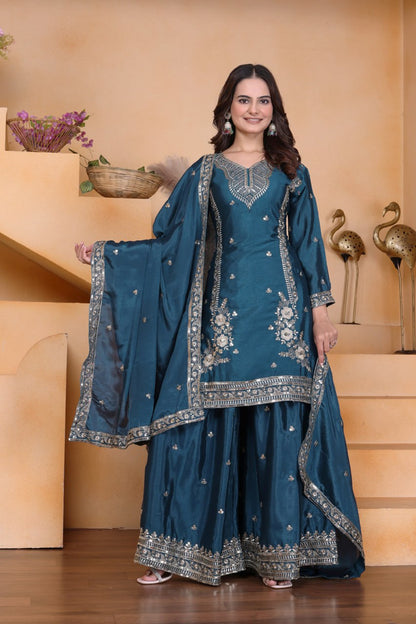 Teal Bule Chinon Sequin Embroidered Sharara Suit with Dupatta