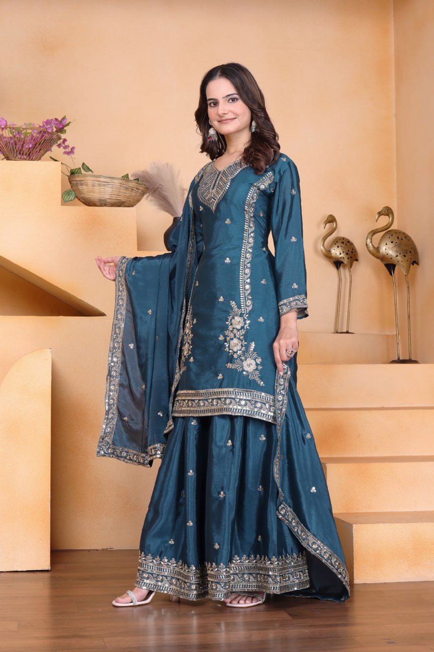 Teal Bule Chinon Sequin Embroidered Sharara Suit with Dupatta