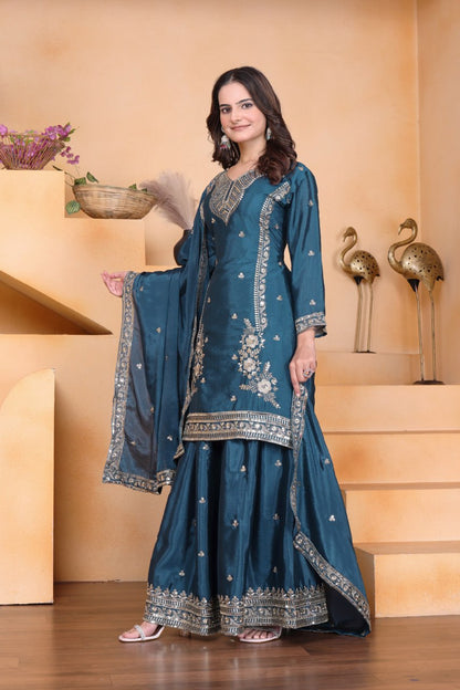 Teal Bule Chinon Sequin Embroidered Sharara Suit with Dupatta