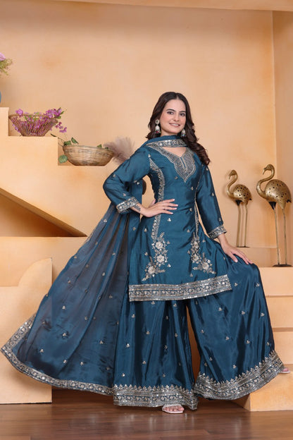 Teal Bule Chinon Sequin Embroidered Sharara Suit with Dupatta