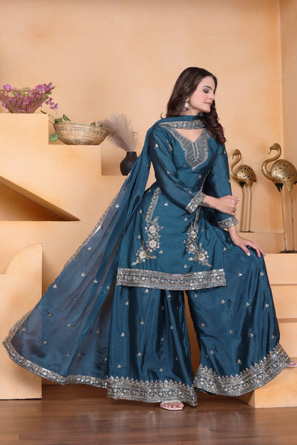 Teal Bule Chinon Sequin Embroidered Sharara Suit with Dupatta
