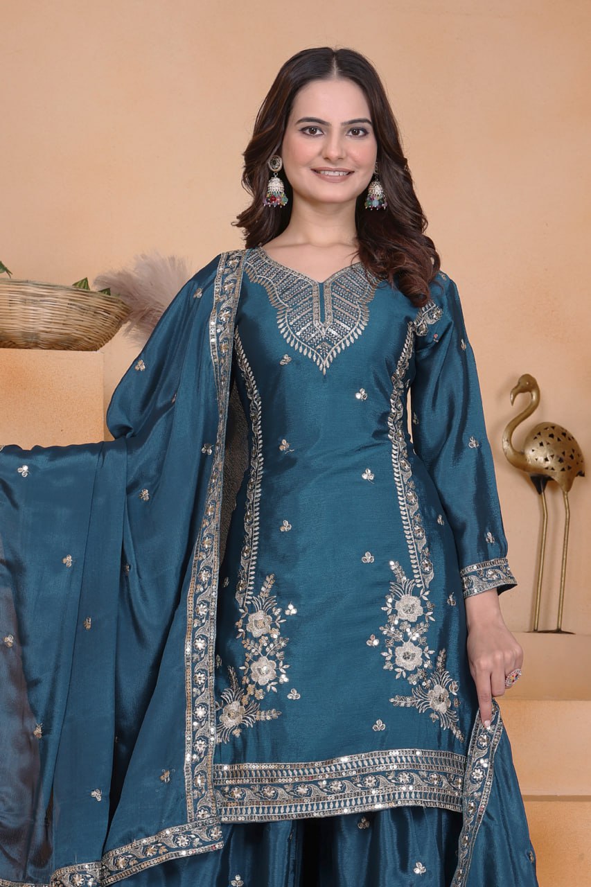 Teal Bule Chinon Sequin Embroidered Sharara Suit with Dupatta