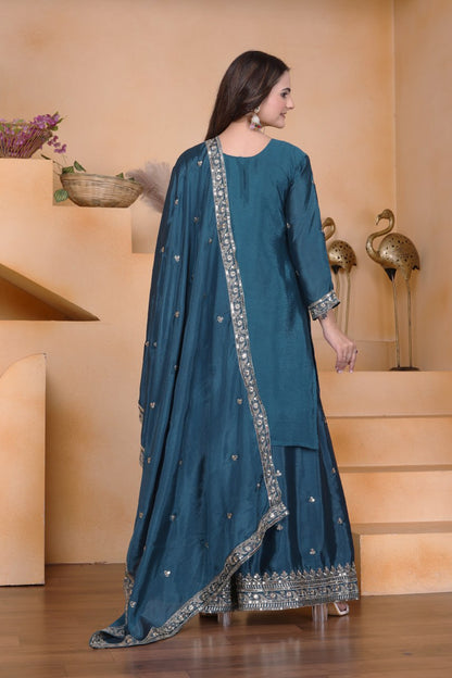 Teal Bule Chinon Sequin Embroidered Sharara Suit with Dupatta