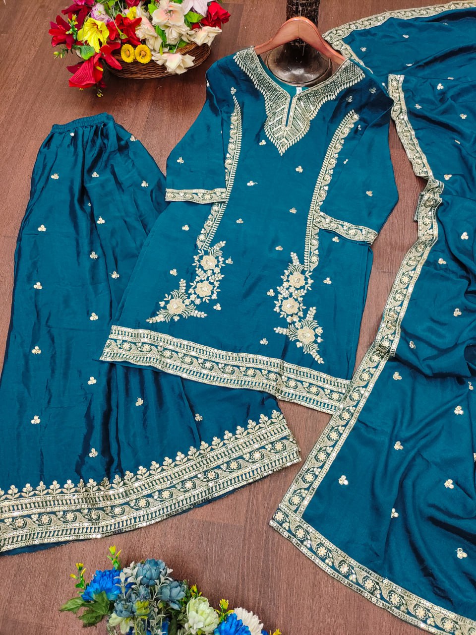 Teal Bule Chinon Sequin Embroidered Sharara Suit with Dupatta