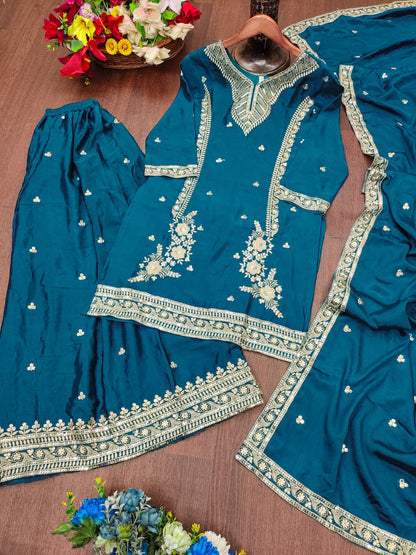 Teal Bule Chinon Sequin Embroidered Sharara Suit with Dupatta