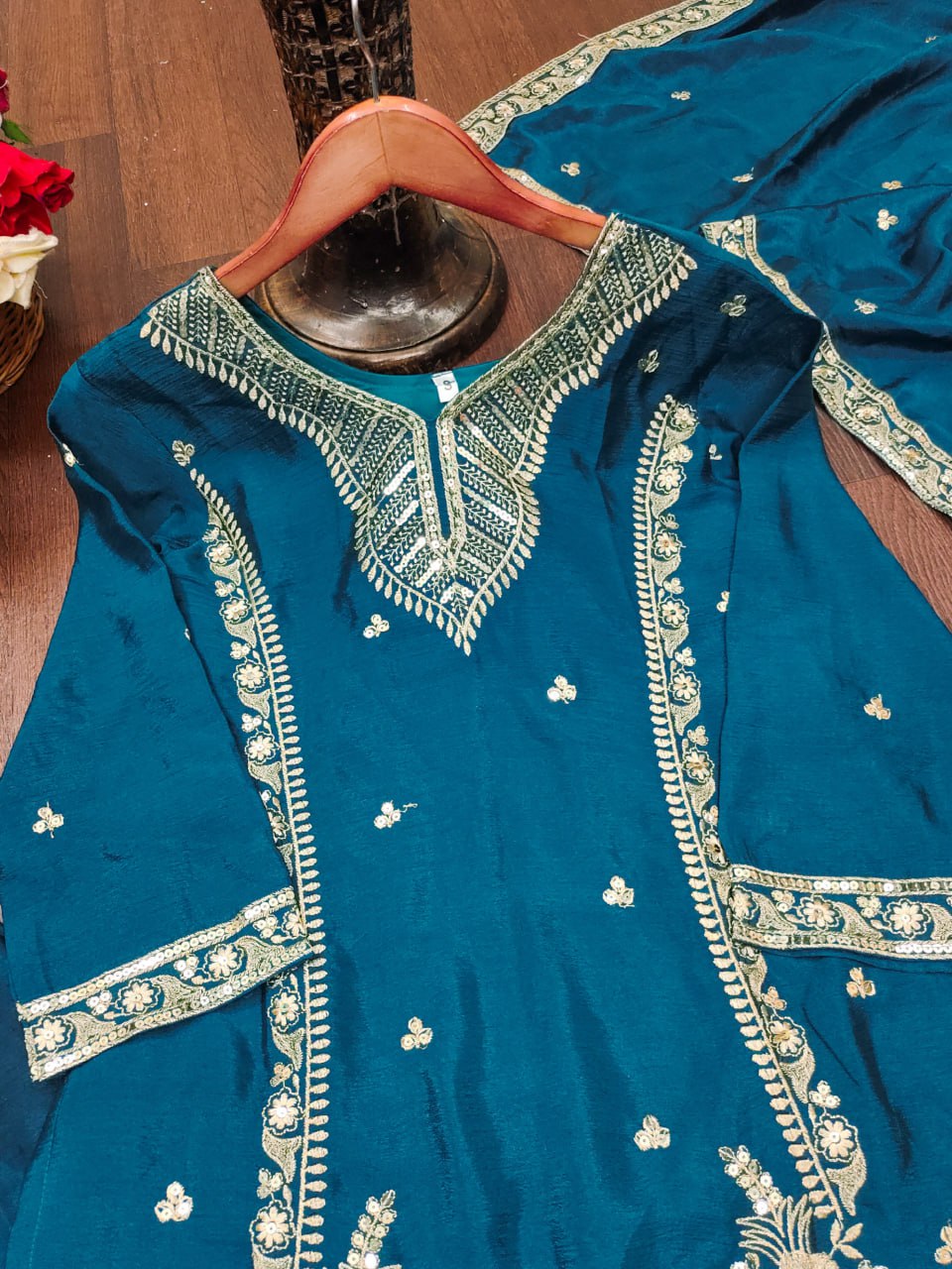 Teal Bule Chinon Sequin Embroidered Sharara Suit with Dupatta