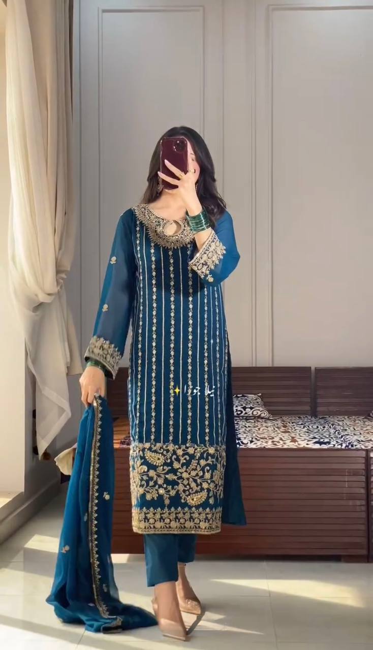 Teal Bule Designer Chinon Silk Embroidered Long Top Bottom and Dupatta