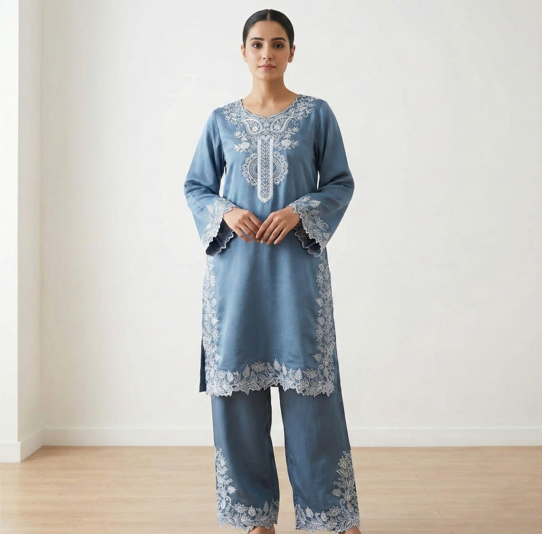 Teal Bule Natural Crepe Sequins Embroidered Palazzo Suit Dupatta