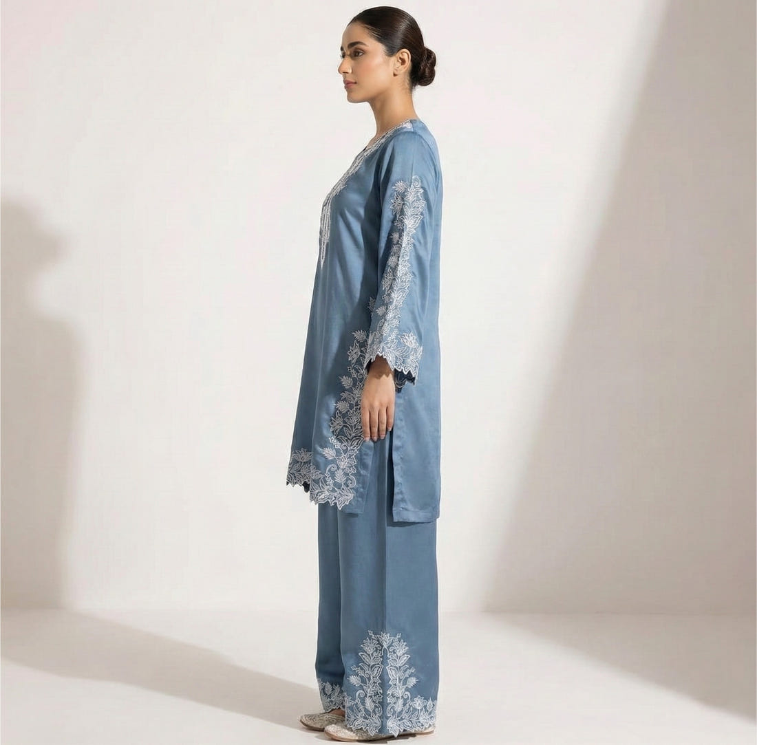 Teal Bule Natural Crepe Sequins Embroidered Palazzo Suit Dupatta