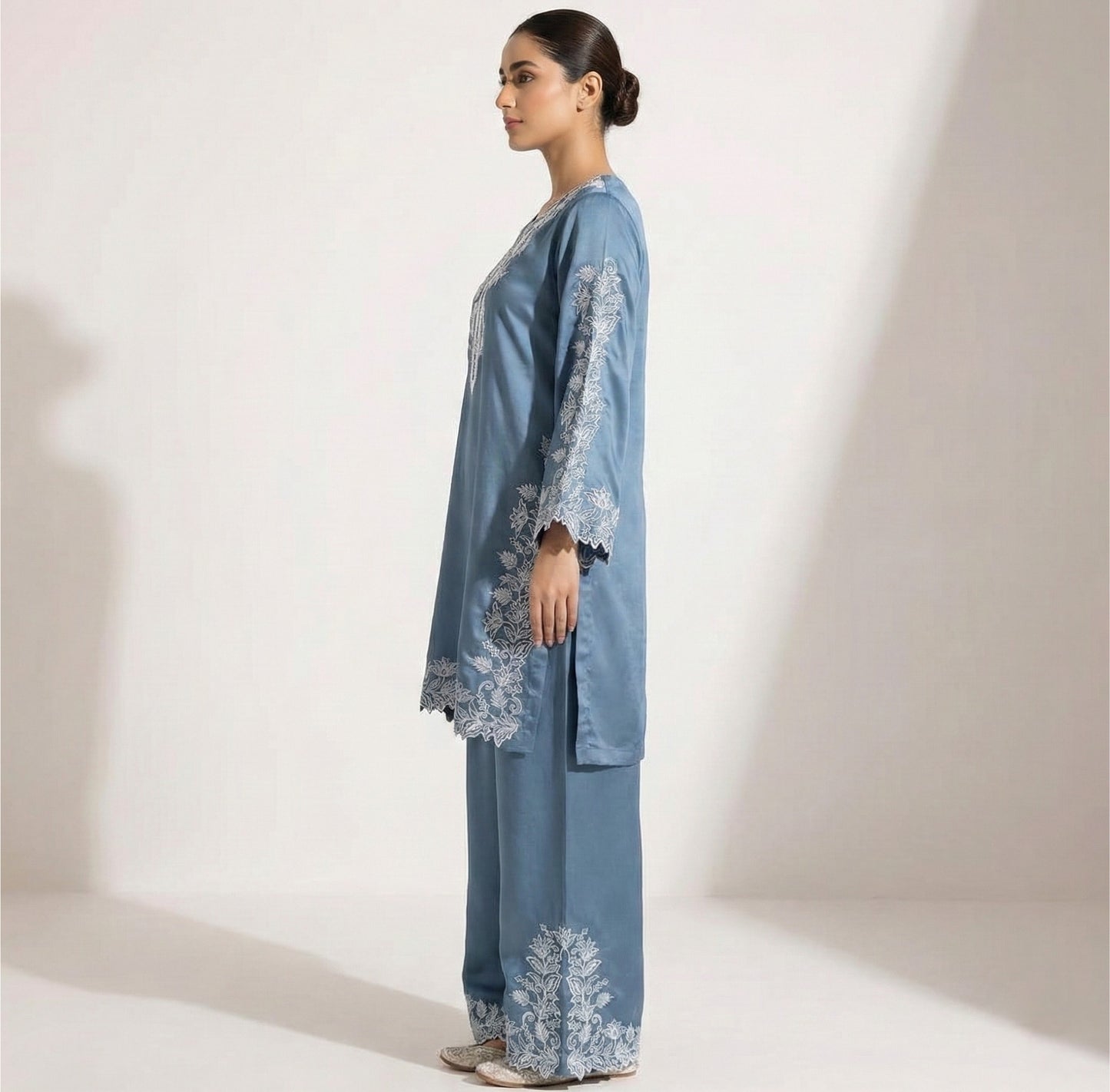 Teal Bule Natural Crepe Sequins Embroidered Palazzo Suit Dupatta