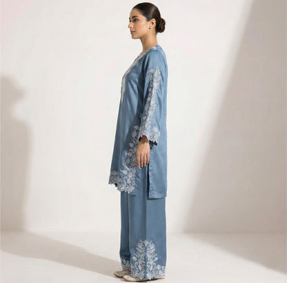 Teal Bule Natural Crepe Sequins Embroidered Palazzo Suit Dupatta