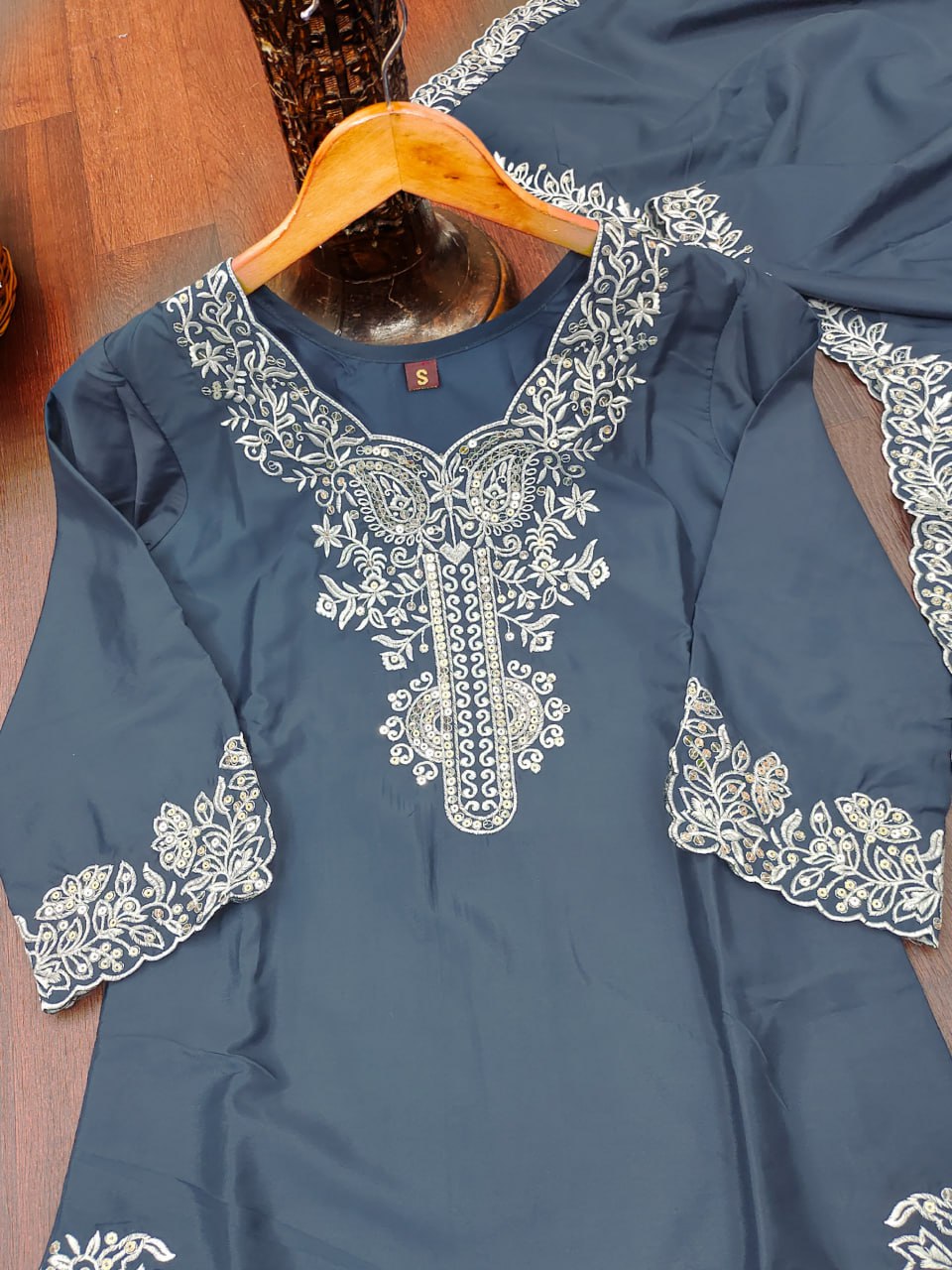 Teal Bule Designer Natural Crepe Sequins Embroidered Palazzo Suit Dupatta