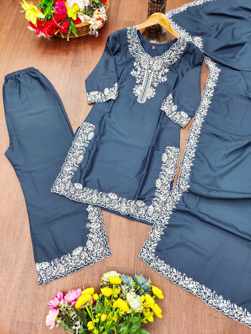 Teal Bule Designer Natural Crepe Sequins Embroidered Palazzo Suit Dupatta
