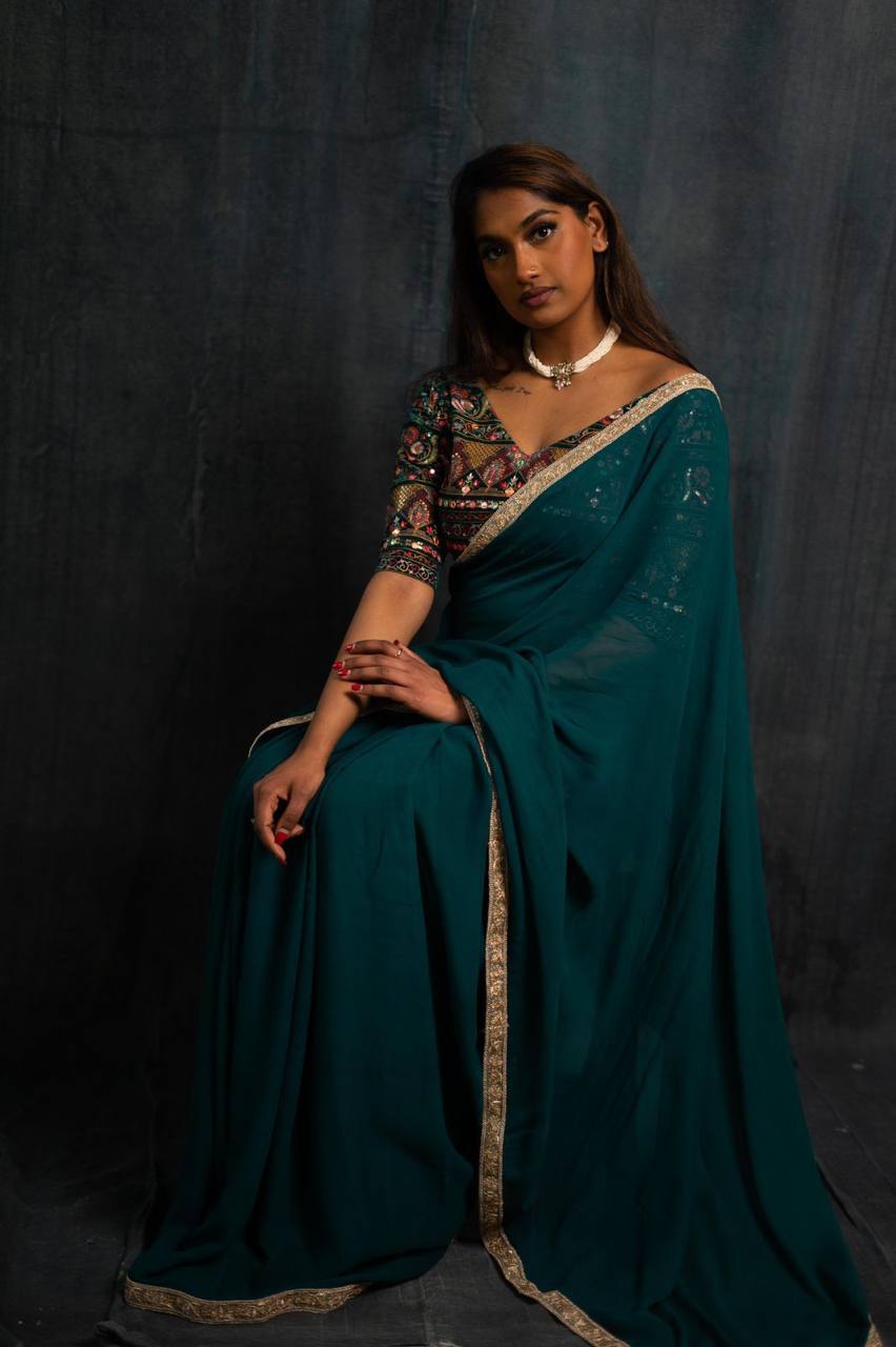Teal Bule Original Georgette Digital Print Saree with Embroidery Blouse