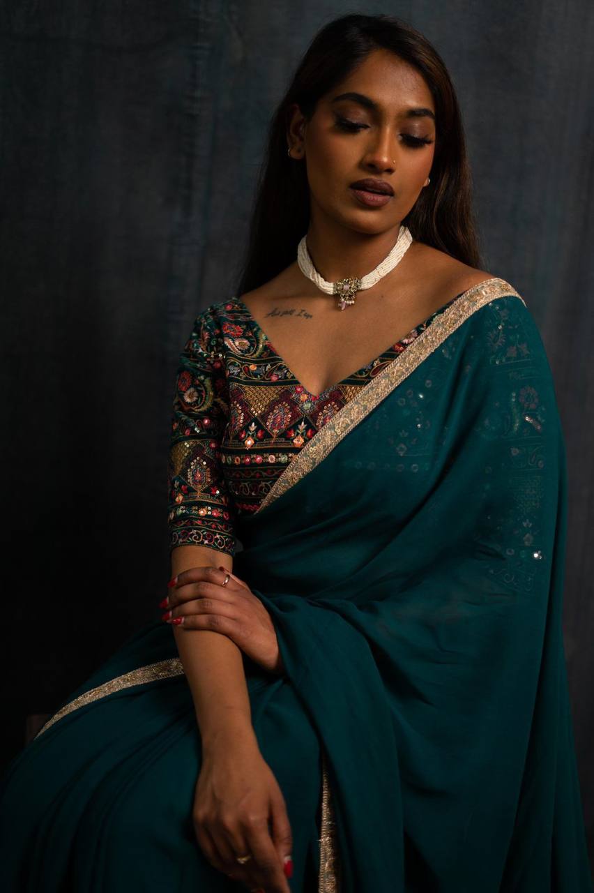 Teal Bule Original Georgette Digital Print Saree with Embroidery Blouse