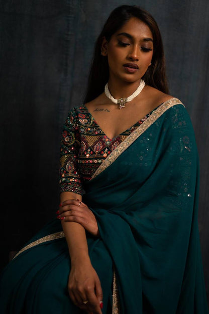 Teal Bule Original Georgette Digital Print Saree with Embroidery Blouse