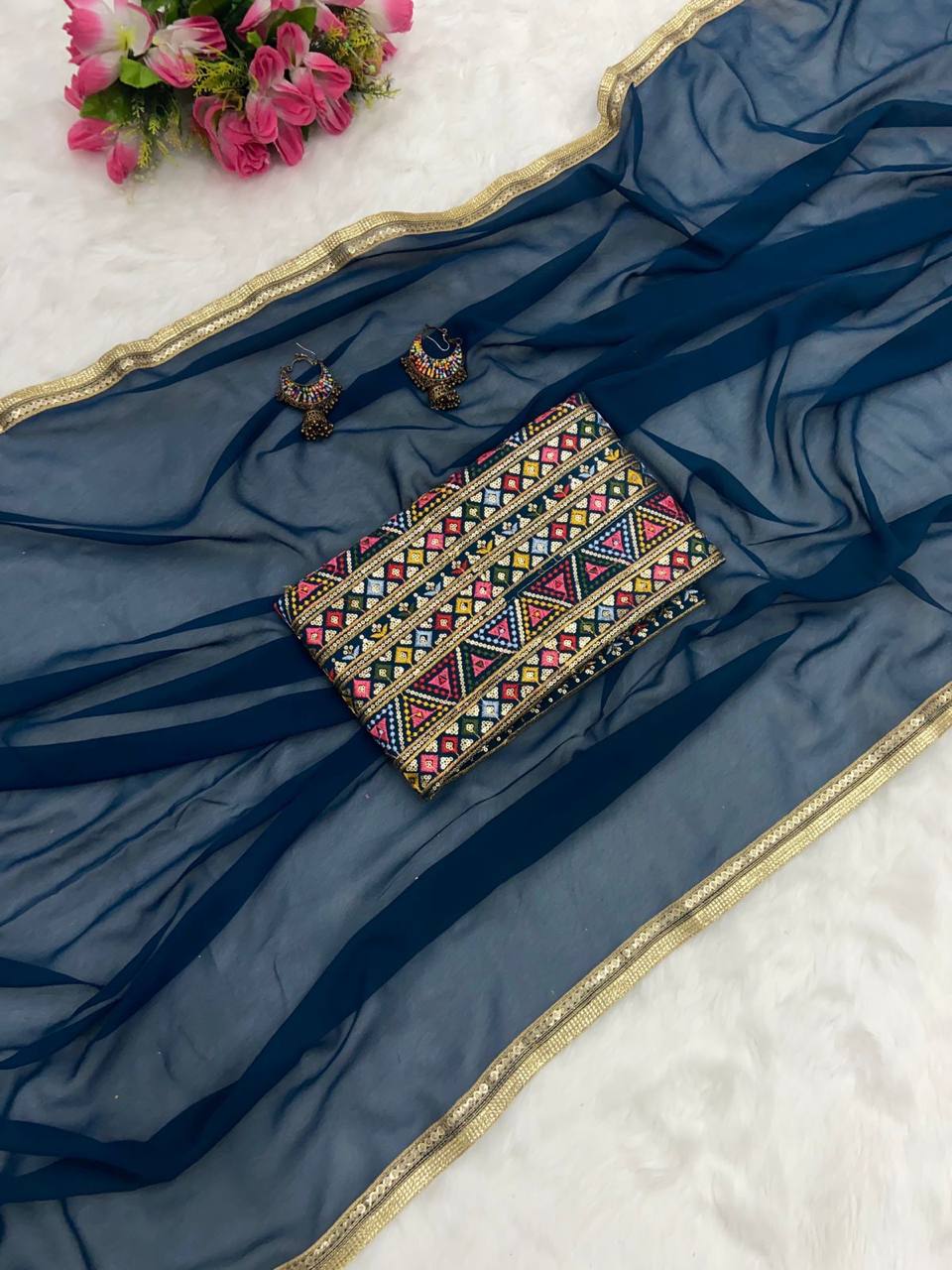 Teal Bule Original Georgette Digital Print Saree with Embroidery Blouse