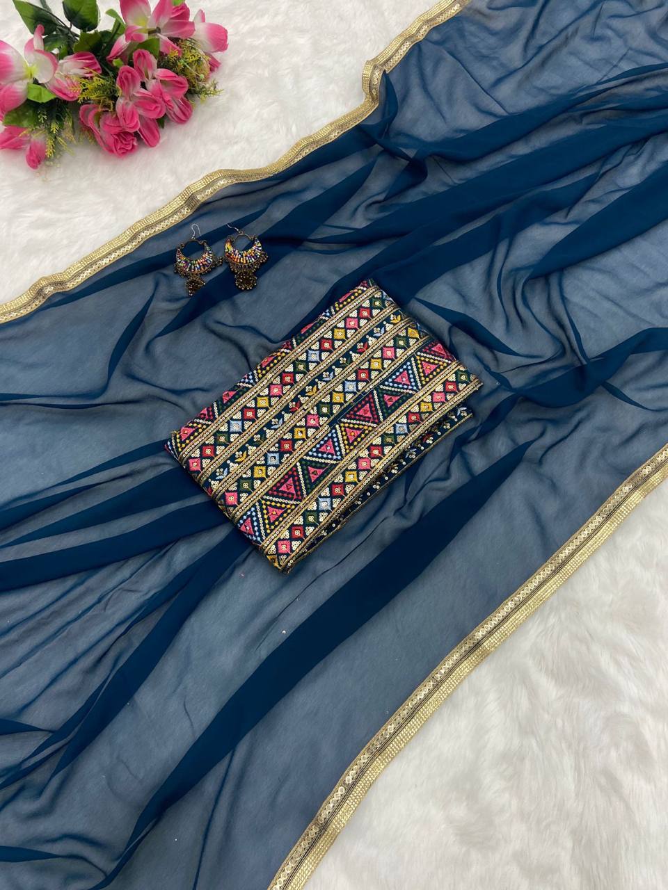 Teal Bule Original Georgette Digital Print Saree with Embroidery Blouse