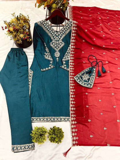 Teal Chinnon Silk Embroidered Top Pant with Dupatta For Party Wear