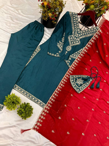 Teal Chinnon Silk Embroidered Top Pant with Dupatta For Party Wear