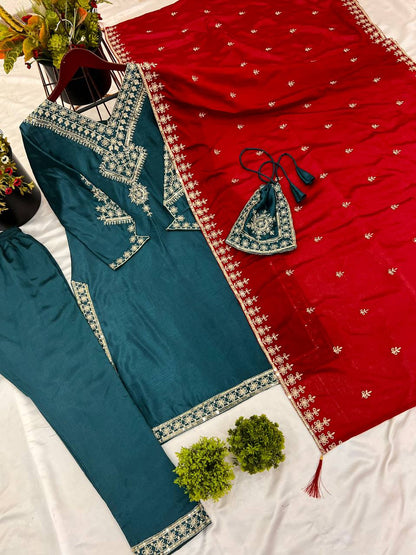 Teal Chinnon Silk Embroidered Top Pant with Dupatta For Party Wear
