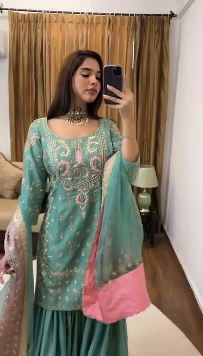 Teal Designer Chinnon Silk Sharara Suit and Dupatta For Party Wear