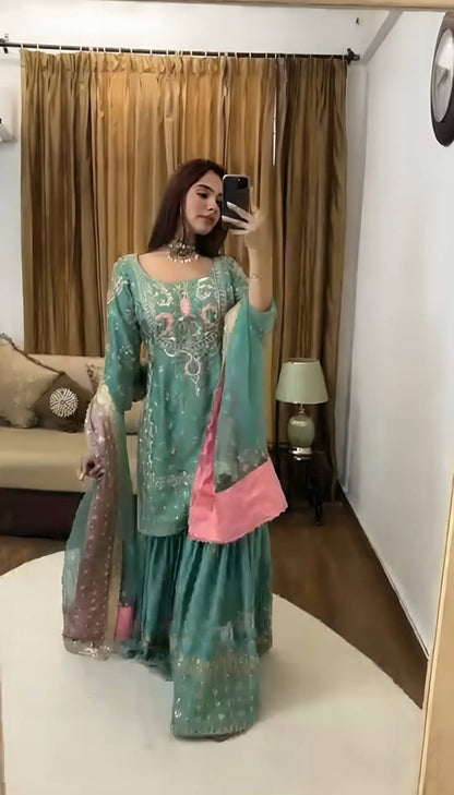Teal Designer Chinnon Silk Sharara Suit and Dupatta For Party Wear