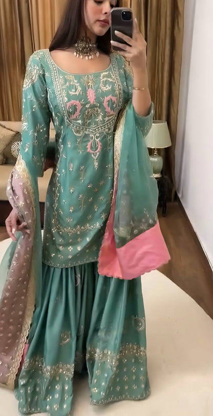 Teal Designer Chinnon Silk Sharara Suit and Dupatta For Party Wear