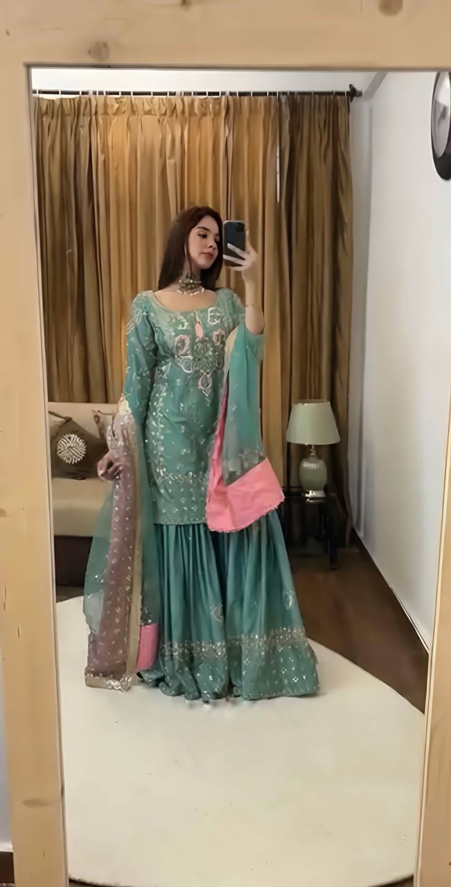 Teal Designer Chinnon Silk Sharara Suit and Dupatta For Party Wear