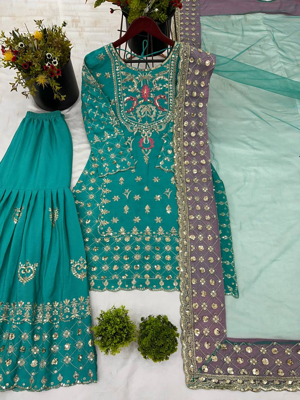 Teal Designer Chinnon Silk Sharara Suit and Dupatta For Party Wear