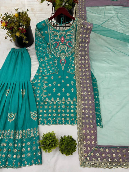 Teal Designer Chinnon Silk Sharara Suit and Dupatta For Party Wear