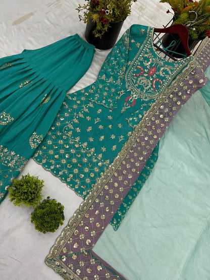 Teal Designer Chinnon Silk Sharara Suit and Dupatta For Party Wear