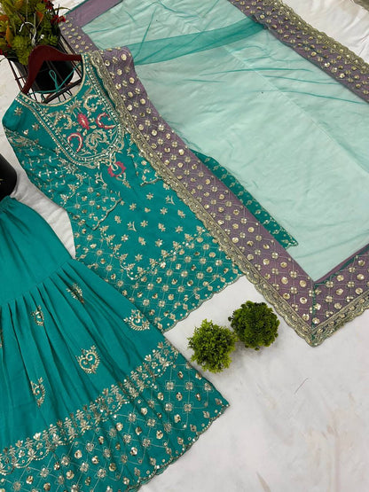 Teal Designer Chinnon Silk Sharara Suit and Dupatta For Party Wear
