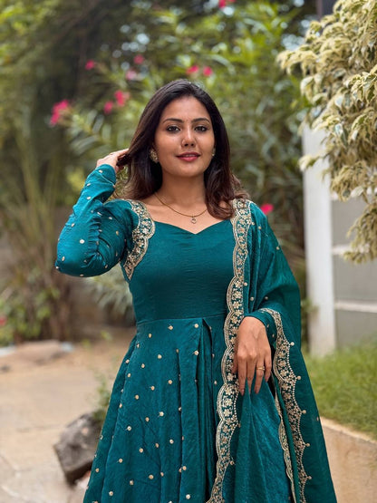 Teal Designer Heavy Fandy Silk Gown Bottom and Dupatta For Party Wear