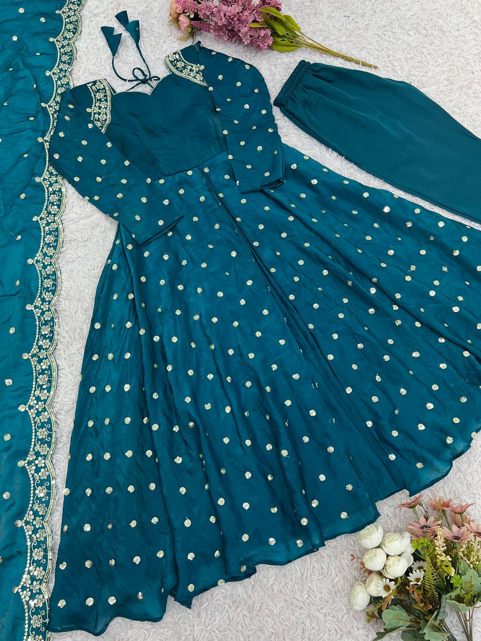 Teal Designer Heavy Fandy Silk Gown Bottom and Dupatta For Party Wear