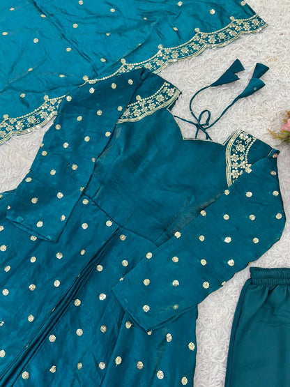 Teal Designer Heavy Fandy Silk Gown Bottom and Dupatta For Party Wear