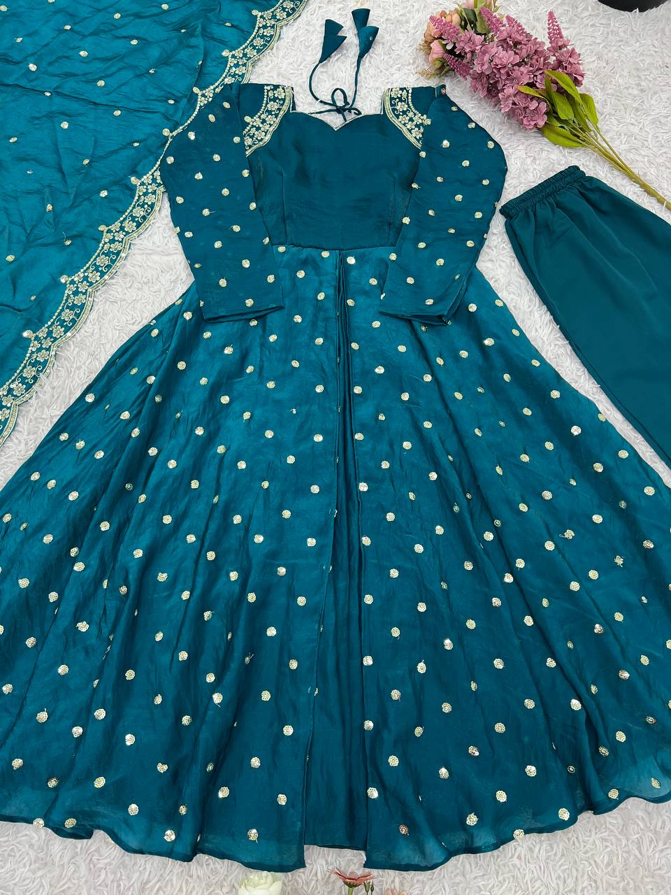 Teal Designer Heavy Fandy Silk Gown Bottom and Dupatta For Party Wear