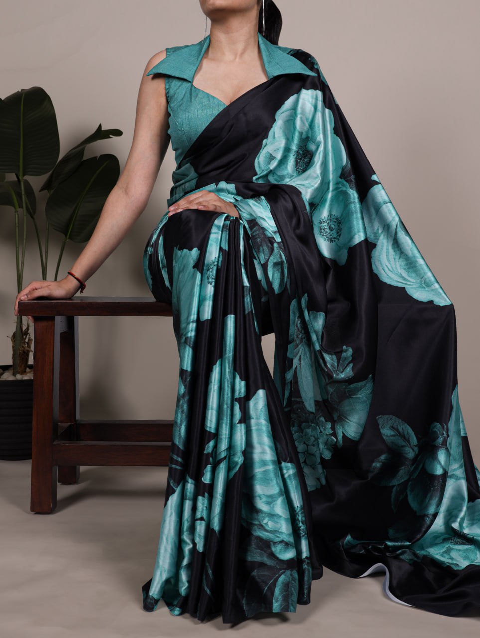 Teal Floral Satin Silk Printed Saree with Banglory Blouse