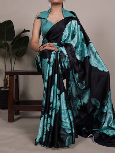 Teal Floral Satin Silk Printed Saree with Banglory Blouse