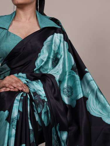 Teal Floral Satin Silk Printed Saree with Banglory Blouse