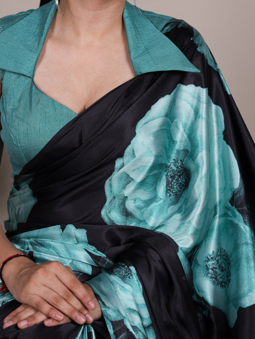Teal Floral Satin Silk Printed Saree with Banglory Blouse