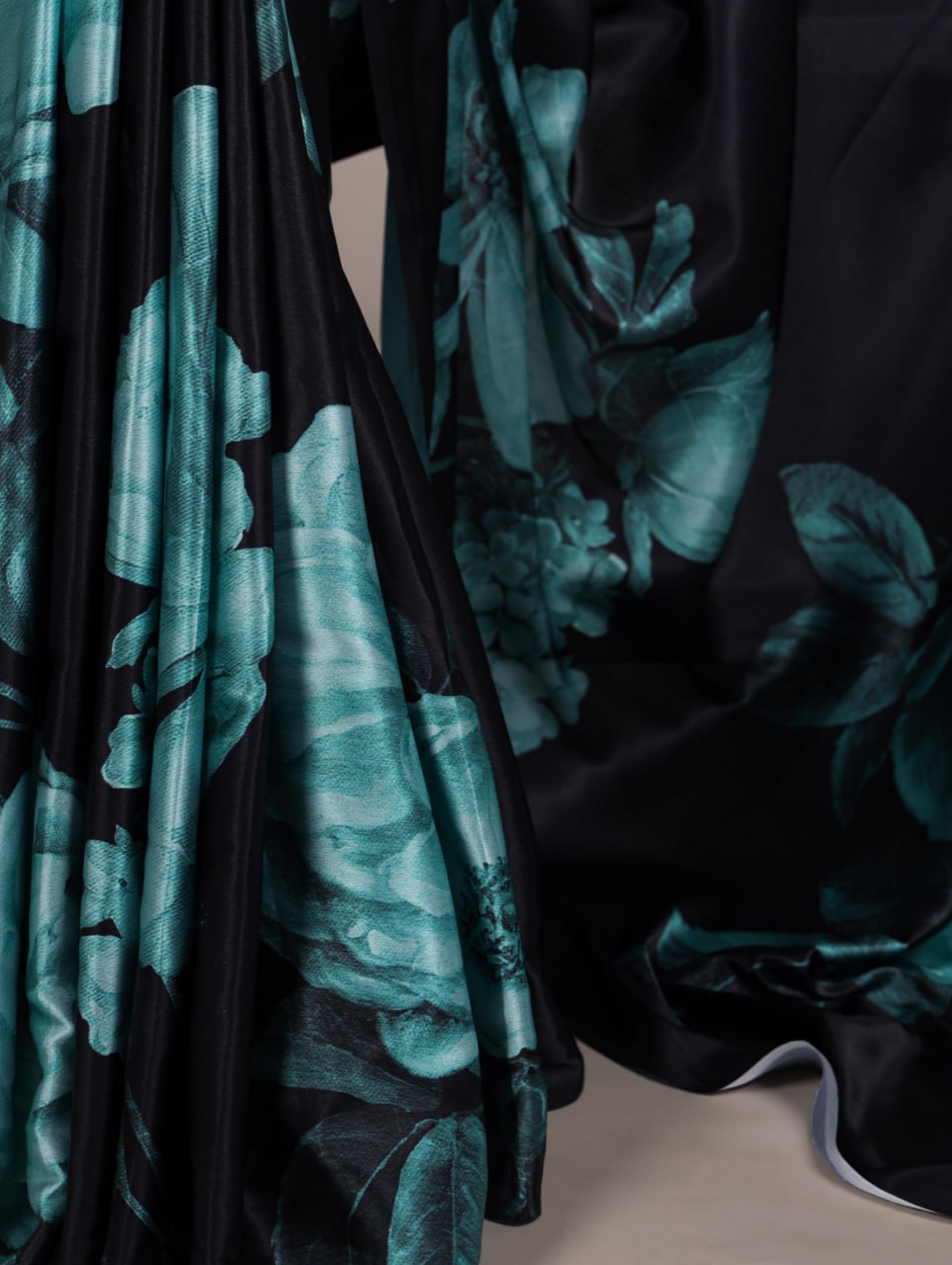 Teal Floral Satin Silk Printed Saree with Banglory Blouse