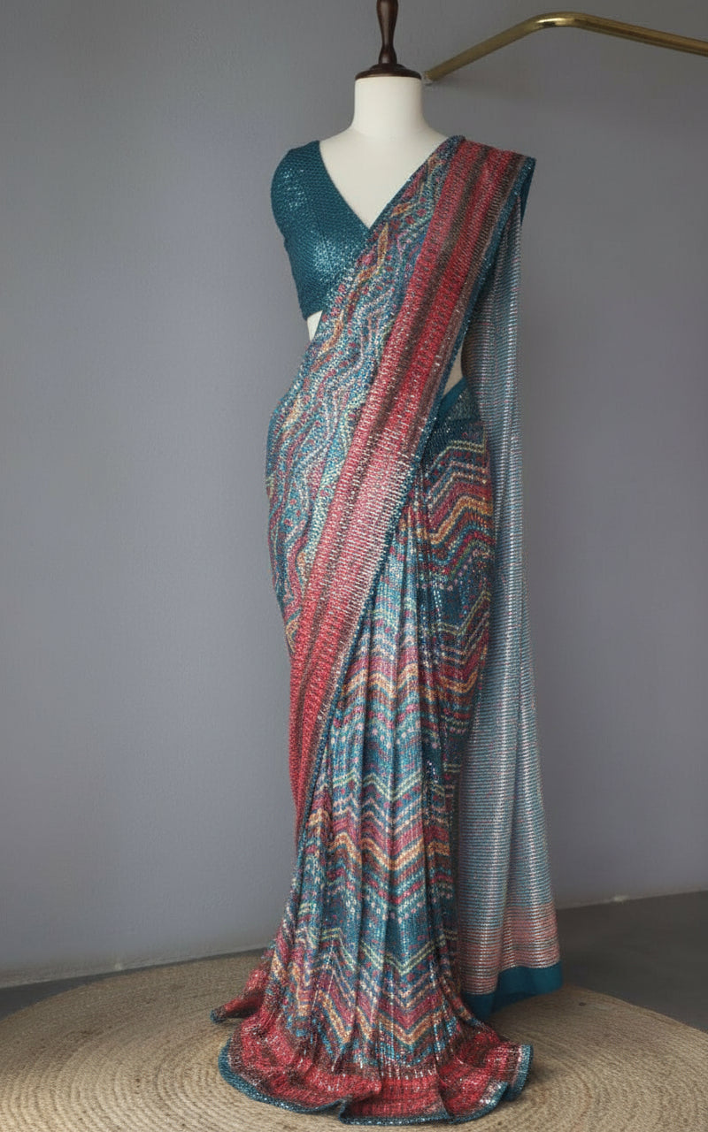 Teal Georgette Digital Print Saree with Full Sequins Contrast Border